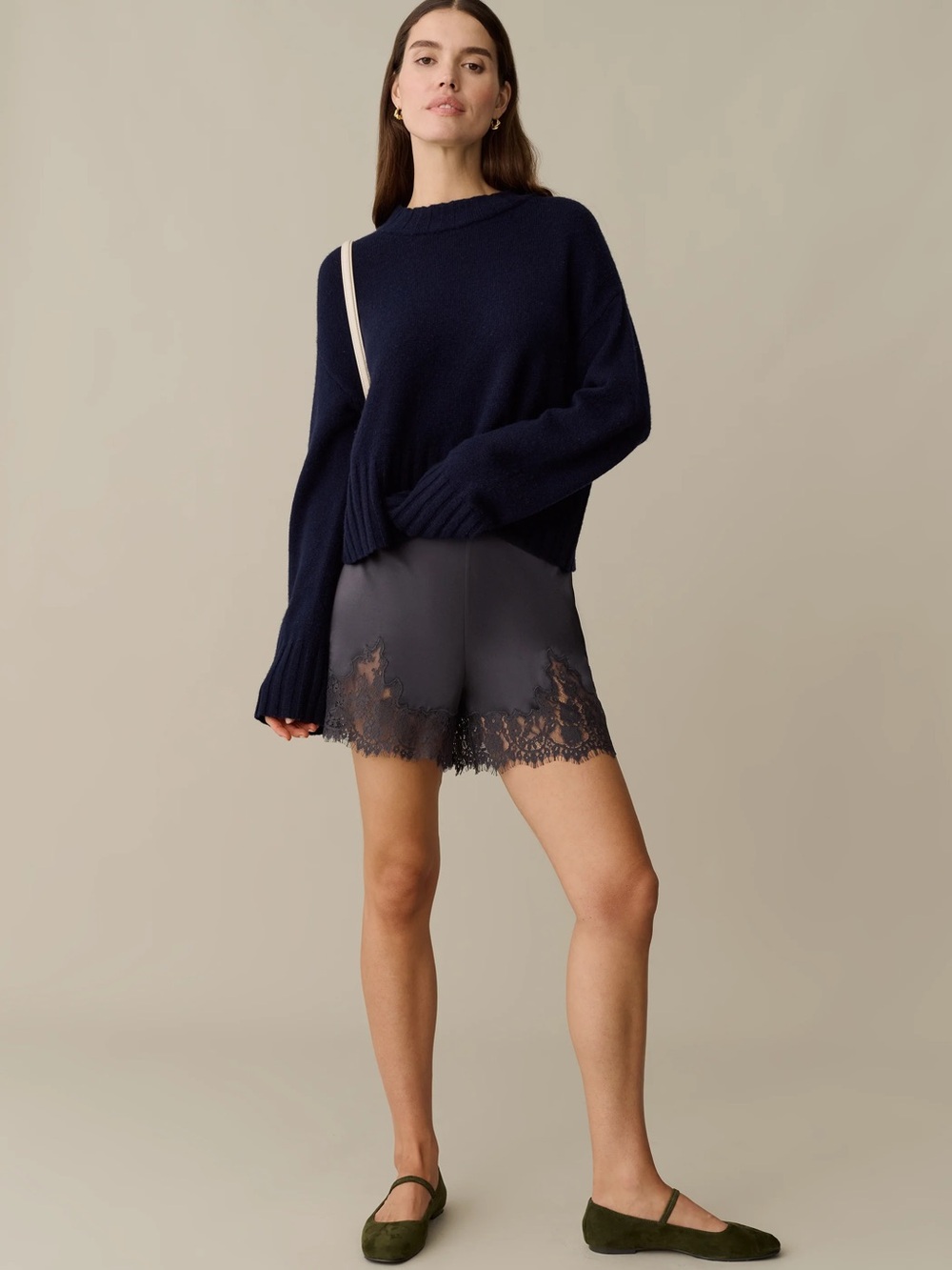 Sorella Few Moda Staud Rosa Silk Short Dark Grey Lace Trim Sleep Shorts NWT - Picture 4 of 9